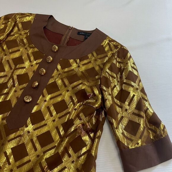 Marc By Maarc Jacobs Retro VTG Brown Gold Silk Metallic Dress Size 6 - Picture 2 of 8